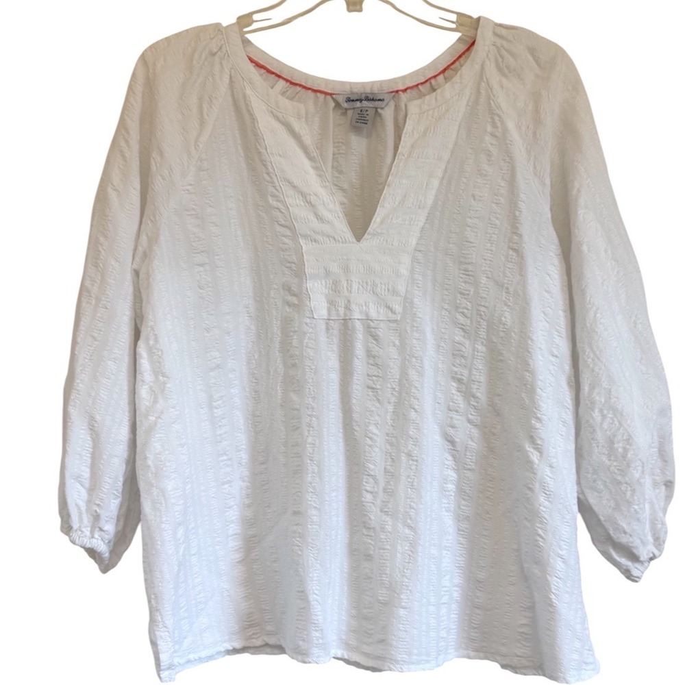 Tommy Bahama White Textured Seersucker Split Neck Blouse 3/4 Sleeve Small